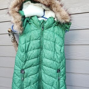 GreenTea Kids Green Puffer Vest with Faux Fur Trim